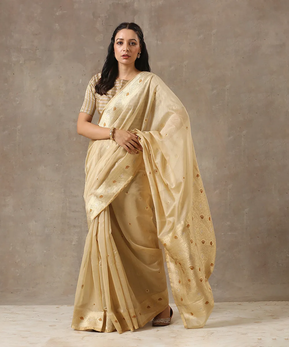 Beige Handloom Kora Cotton Banarasi Saree With Brown Meenakari