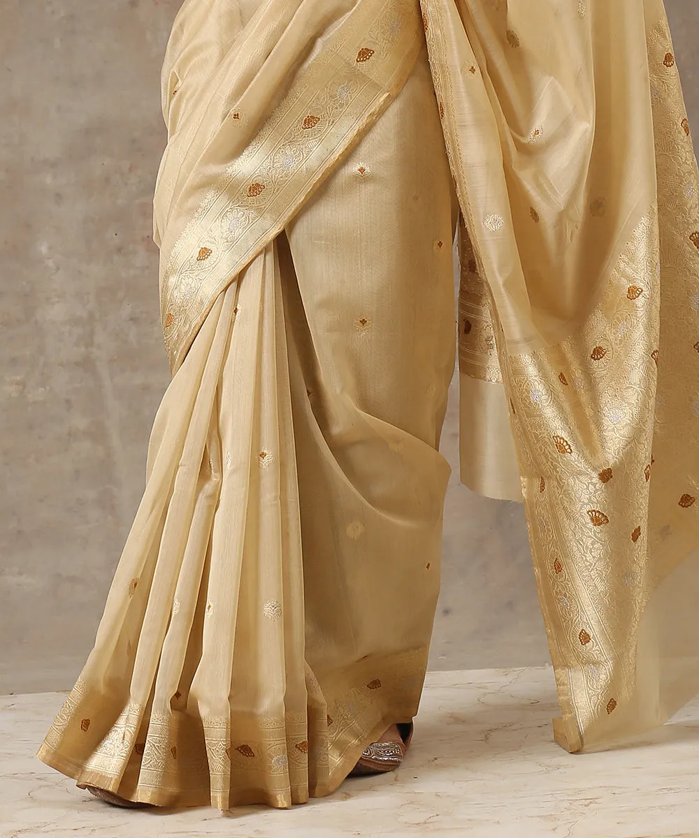 Beige Handloom Kora Cotton Banarasi Saree With Brown Meenakari