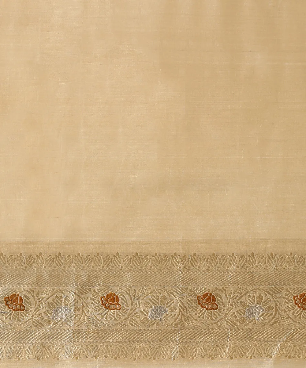 Beige Handloom Kora Cotton Banarasi Saree With Brown Meenakari