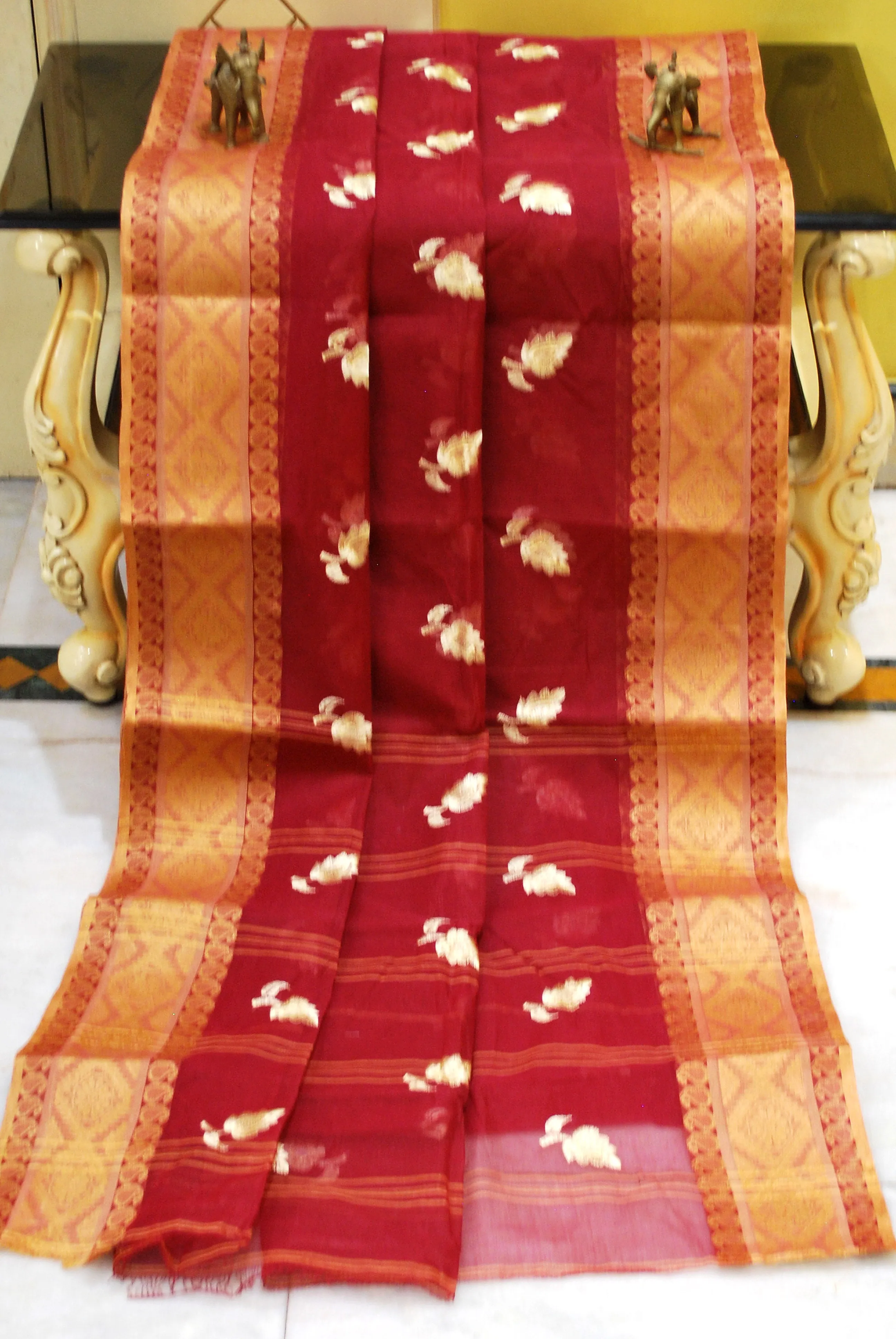 Bengal Handloom Cotton Saree with Leaf Motif Embroidery Work in Maroon and Beige