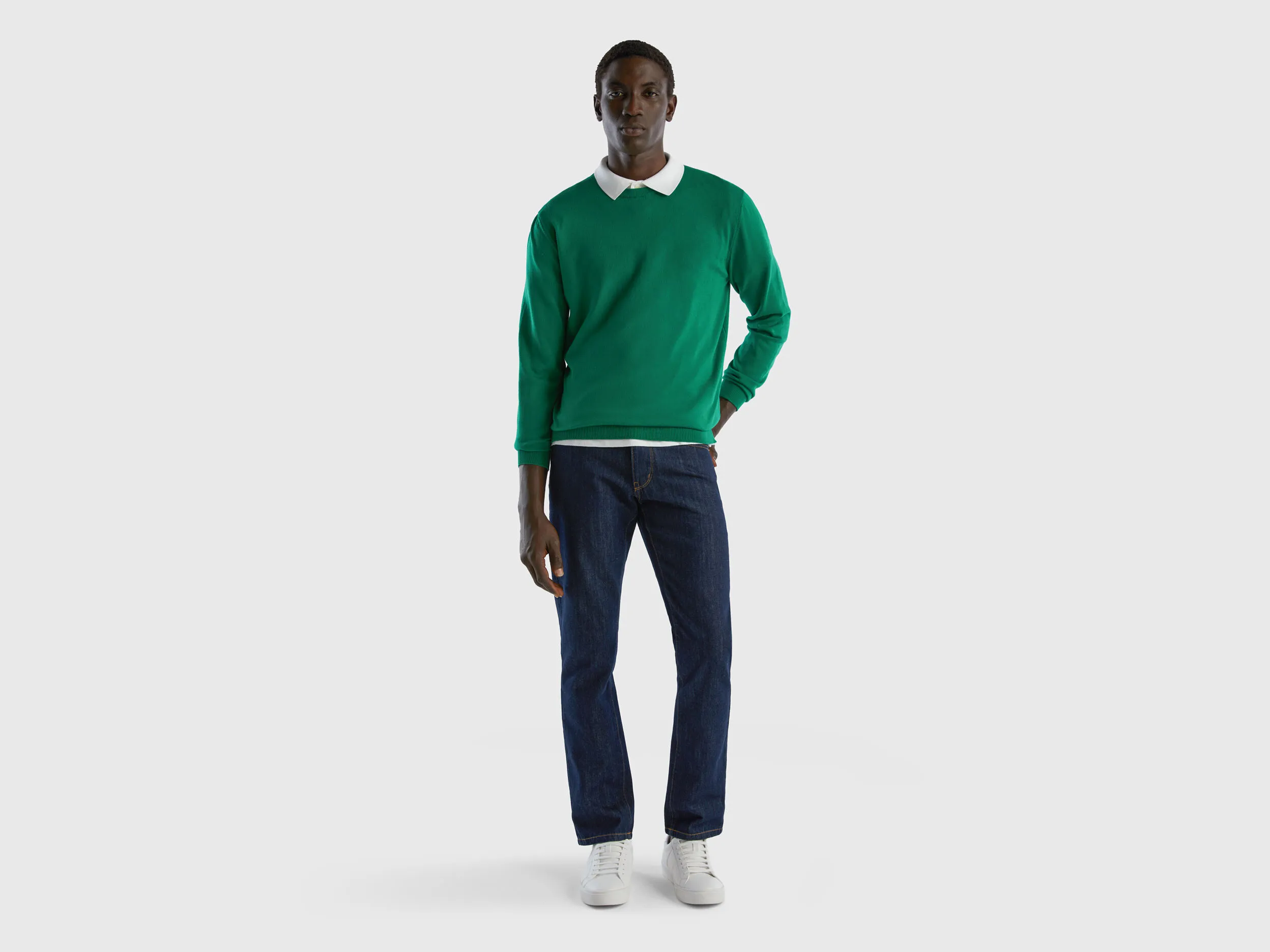 Crew neck sweater in 100% cotton - Dark Green | Benetton