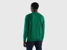 Crew neck sweater in 100% cotton - Dark Green | Benetton