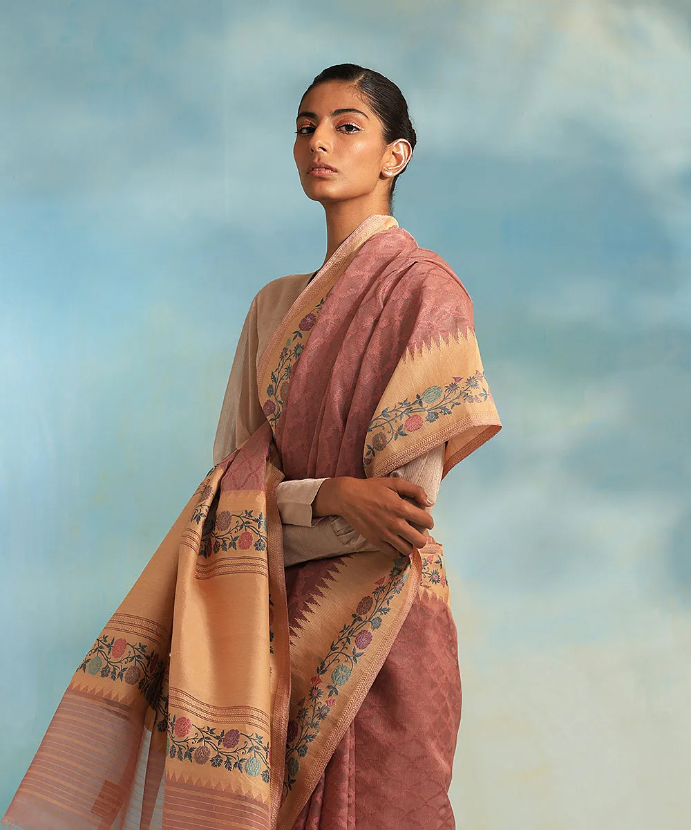 Dusty Pink Handloom Pure Kora Silk Banarasi Saree With Resham Floral Border