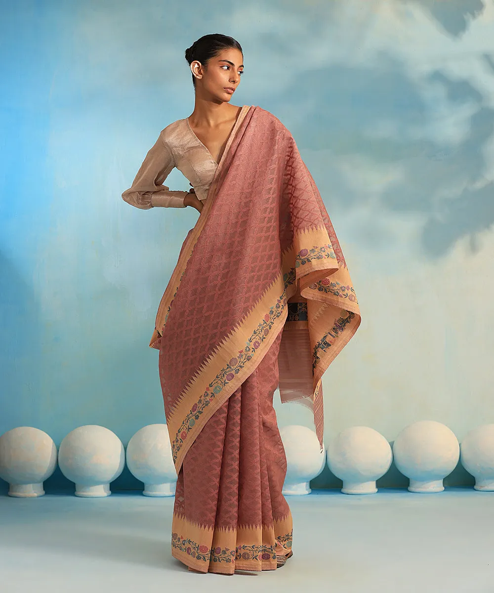 Dusty Pink Handloom Pure Kora Silk Banarasi Saree With Resham Floral Border