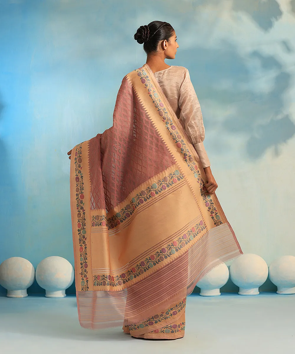 Dusty Pink Handloom Pure Kora Silk Banarasi Saree With Resham Floral Border