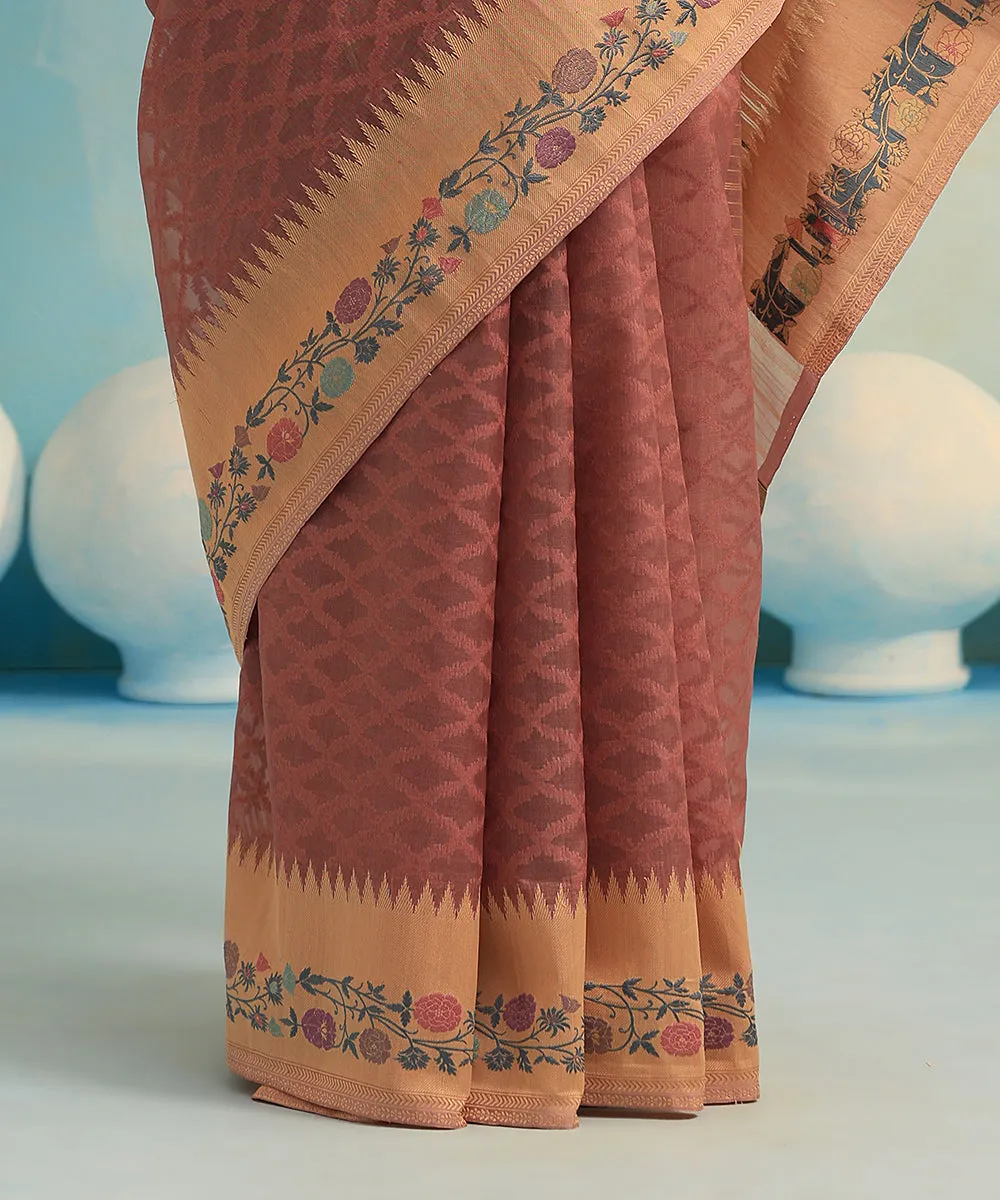 Dusty Pink Handloom Pure Kora Silk Banarasi Saree With Resham Floral Border