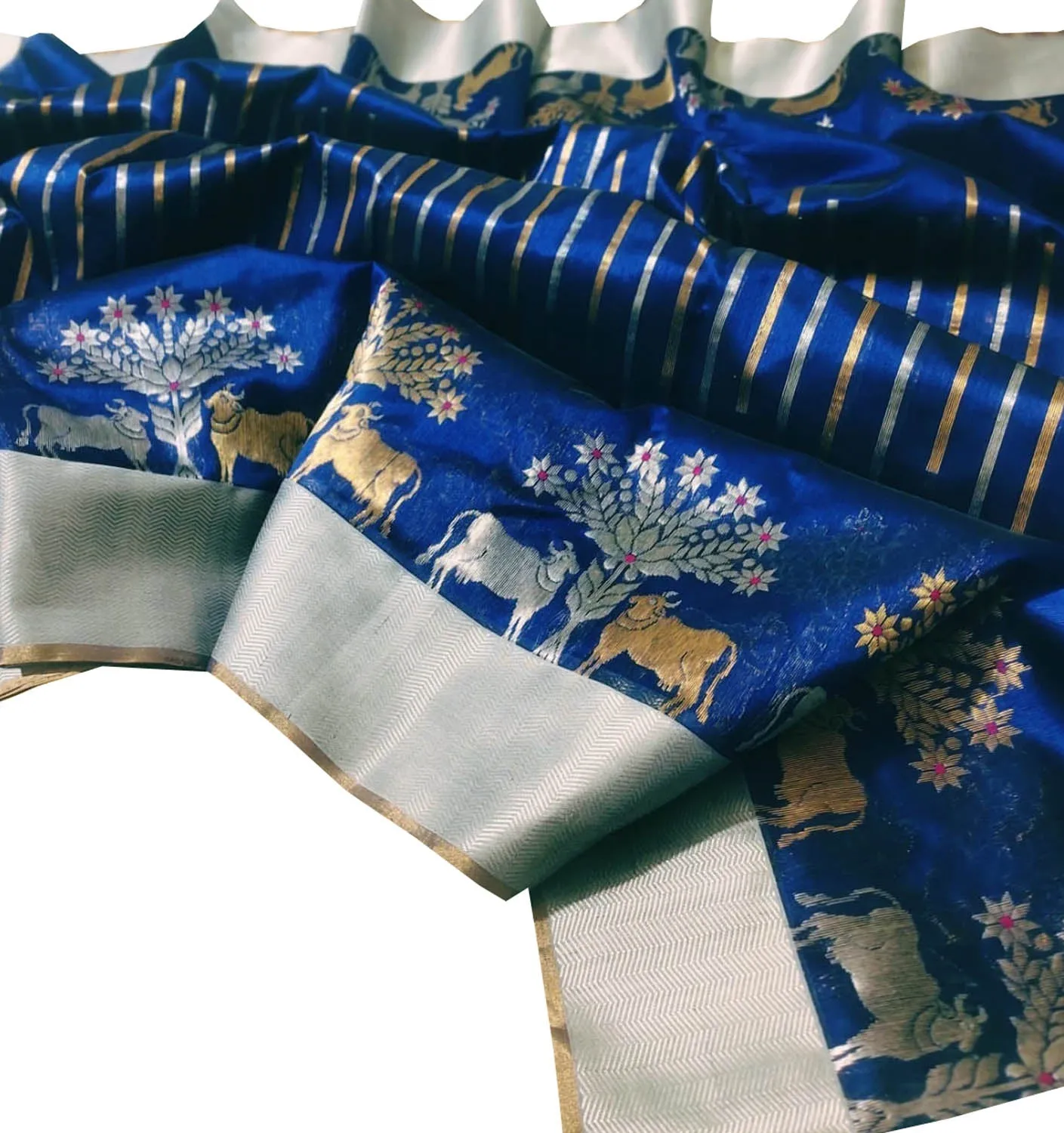 Elegant Blue Chanderi Handloom Silk Cow Design Saree: A Timeless Classic