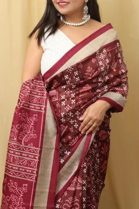 Elegant Maroon Silk Sambalpuri Print Saree: Digital Printed Beauty