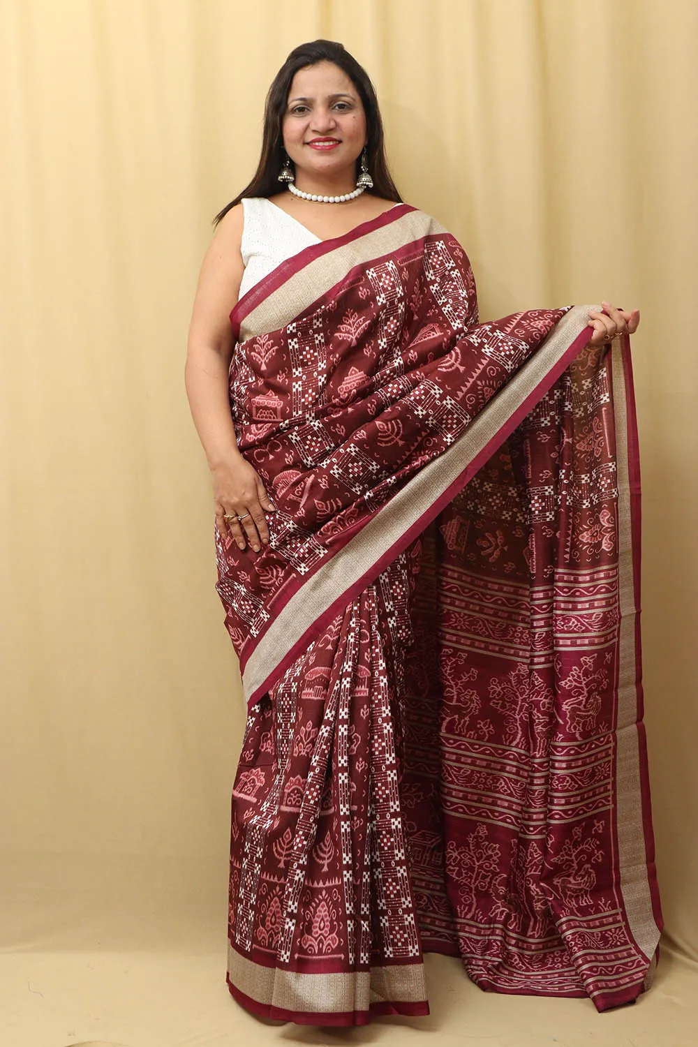 Elegant Maroon Silk Sambalpuri Print Saree: Digital Printed Beauty