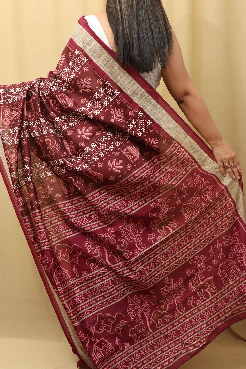 Elegant Maroon Silk Sambalpuri Print Saree: Digital Printed Beauty