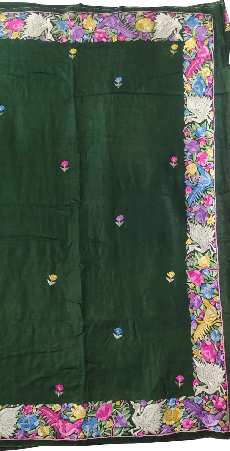 Exquisite Green Hand Embroidered Parsi Gara Tussar Silk Saree: A Masterpiece of Elegance