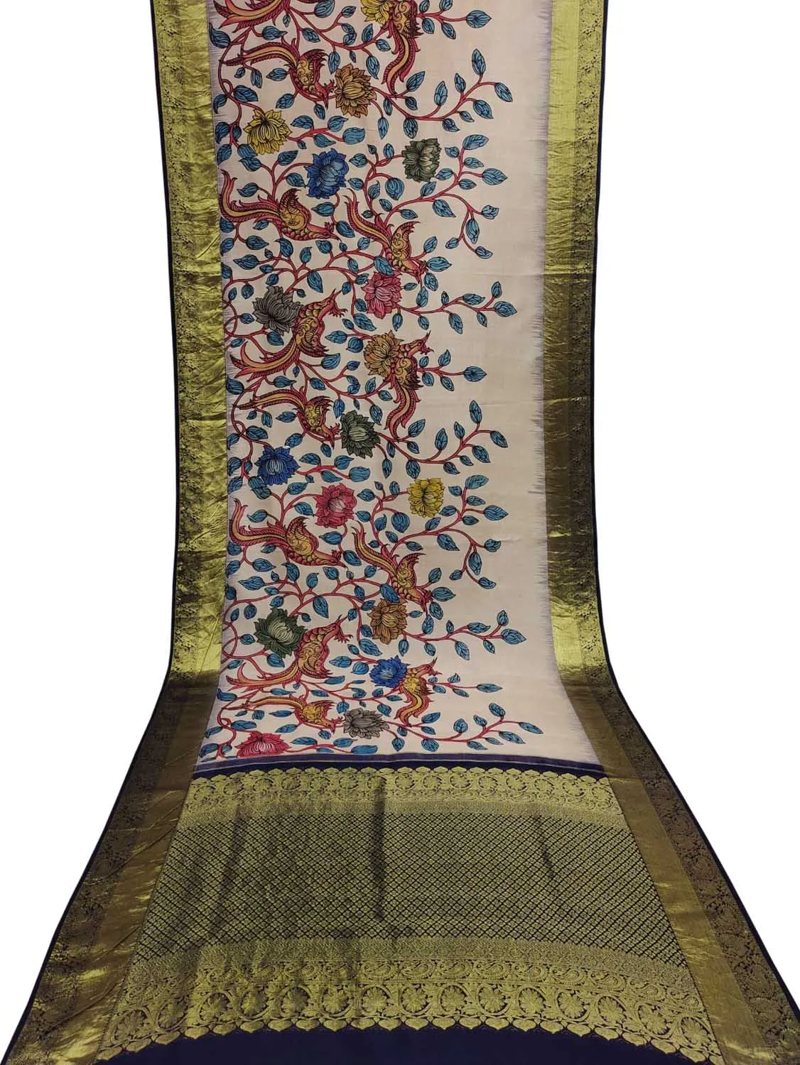 Exquisite Multicolor Kalamkari Silk Kanjeevaram Border Saree