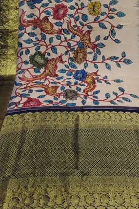 Exquisite Multicolor Kalamkari Silk Kanjeevaram Border Saree