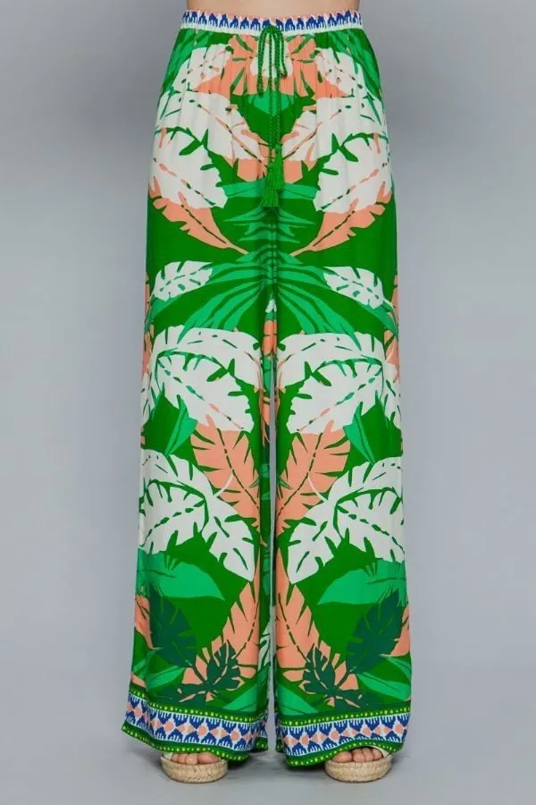 Green Leaf Print Surplice Kimono Wide Pant