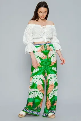 Green Leaf Print Surplice Kimono Wide Pant