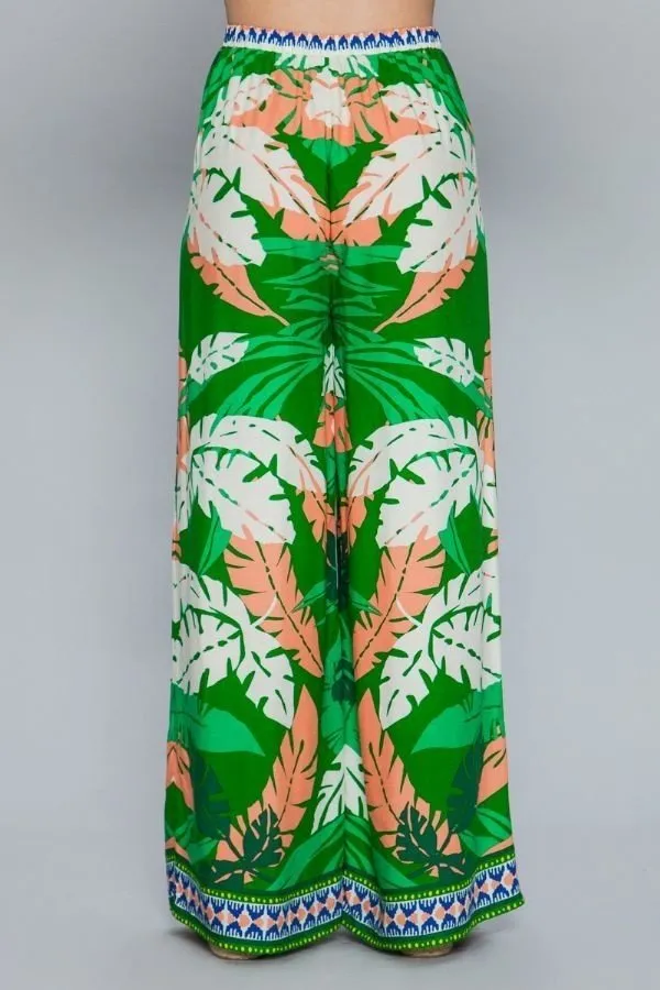 Green Leaf Print Surplice Kimono Wide Pant