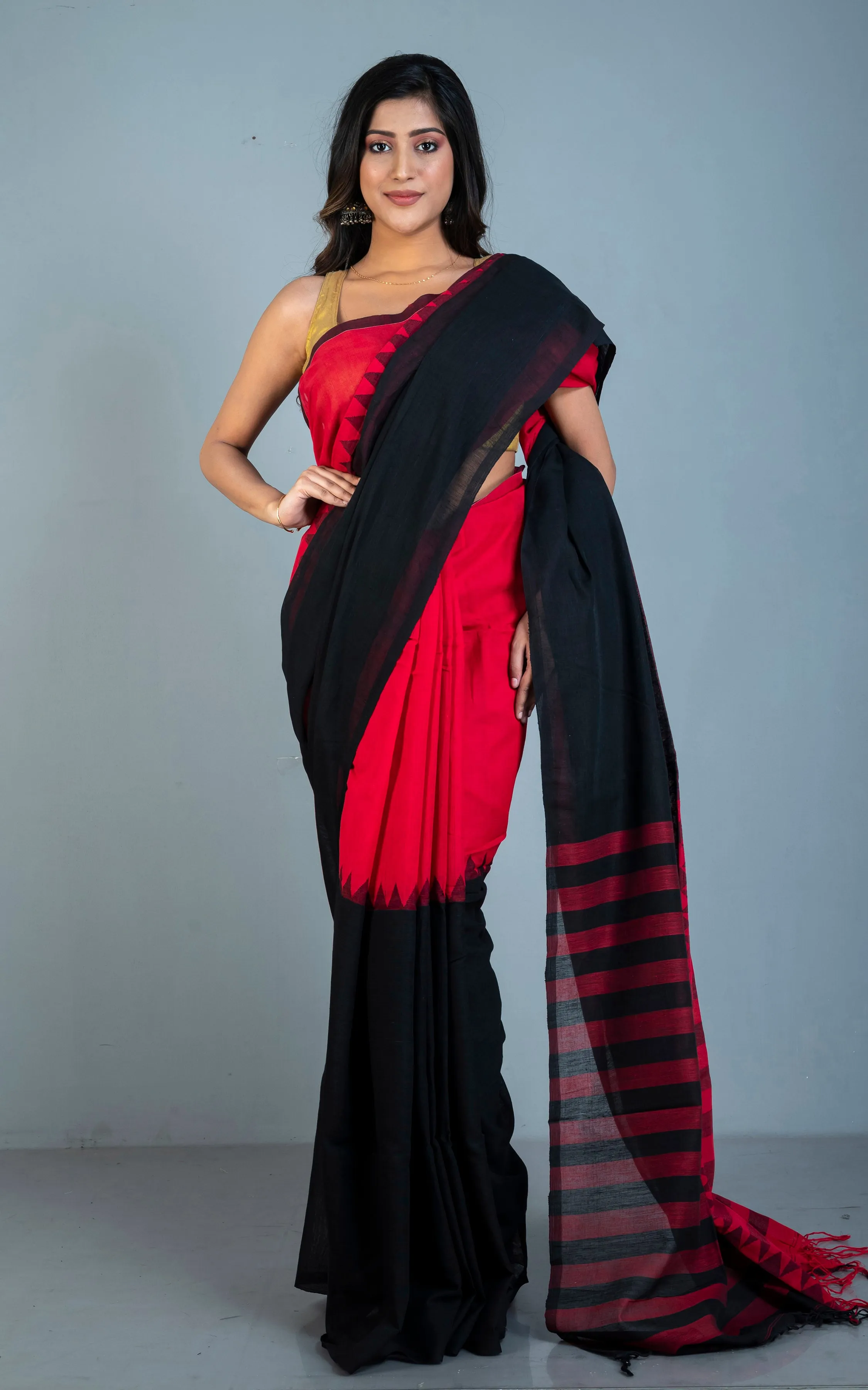 Half and Half Designer Soft Cotton Khaddar Saree in Red and Black