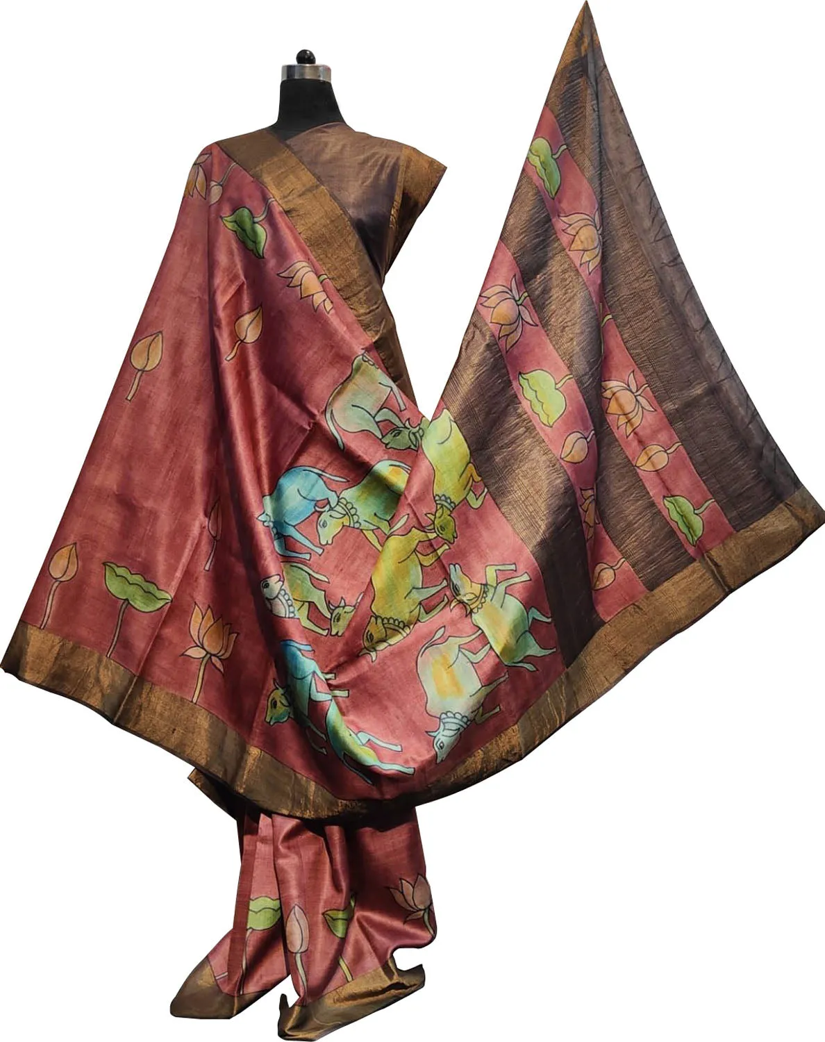 Hand-Painted Red Kalamkari Tussar Silk Saree: Exquisite Beauty