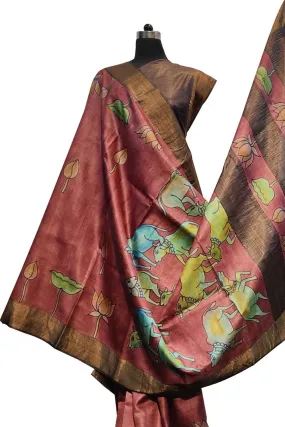 Hand-Painted Red Kalamkari Tussar Silk Saree: Exquisite Beauty