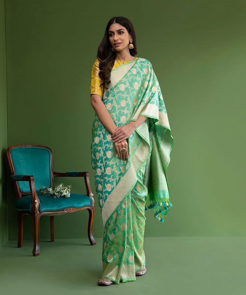 Handloom Aqua Green Pure Katan Silk Banarasi Saree with Cutwork Floral Jaal