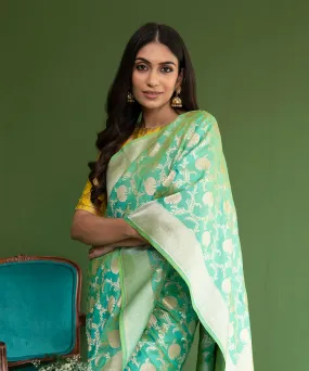 Handloom Aqua Green Pure Katan Silk Banarasi Saree with Cutwork Floral Jaal