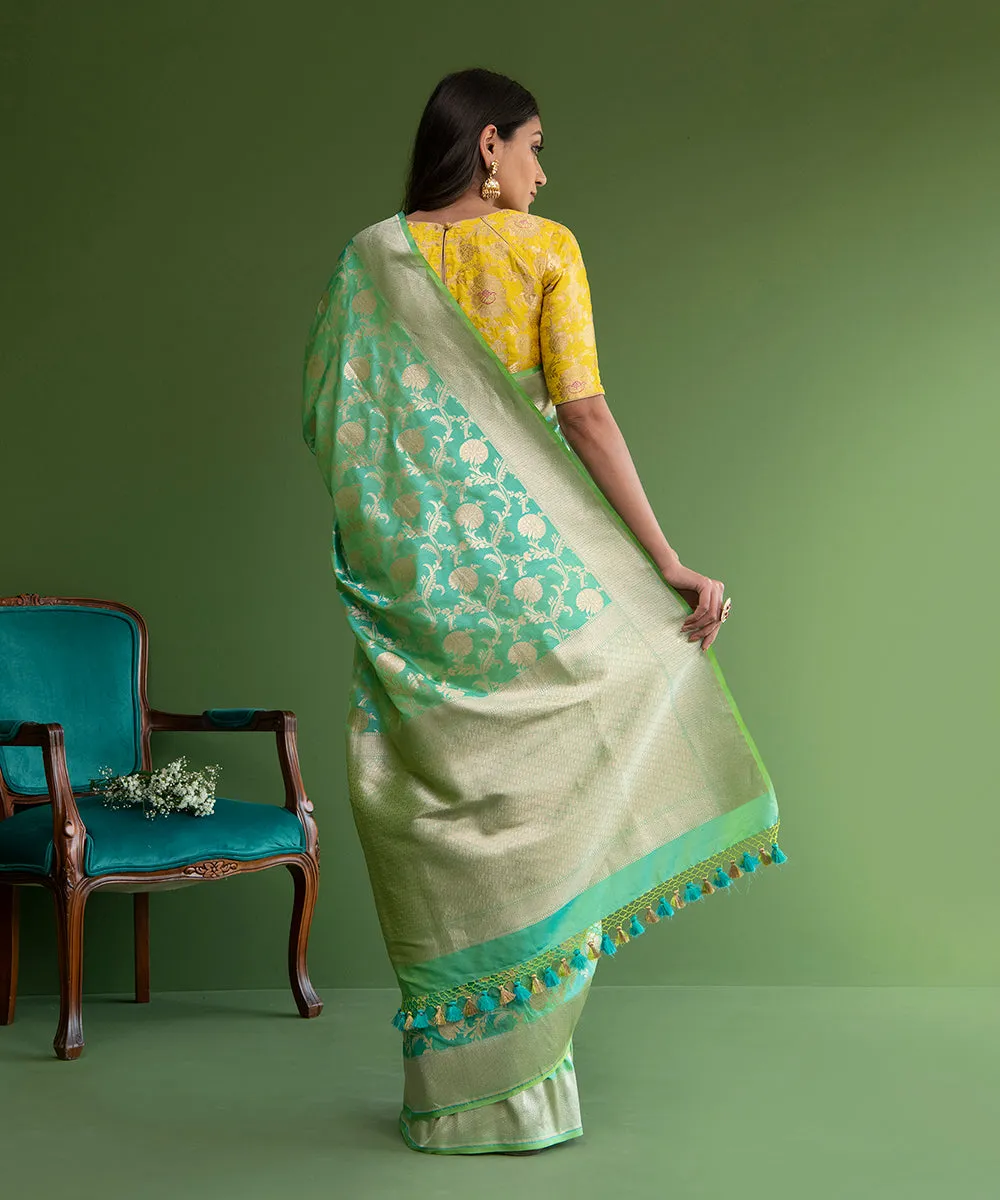 Handloom Aqua Green Pure Katan Silk Banarasi Saree with Cutwork Floral Jaal