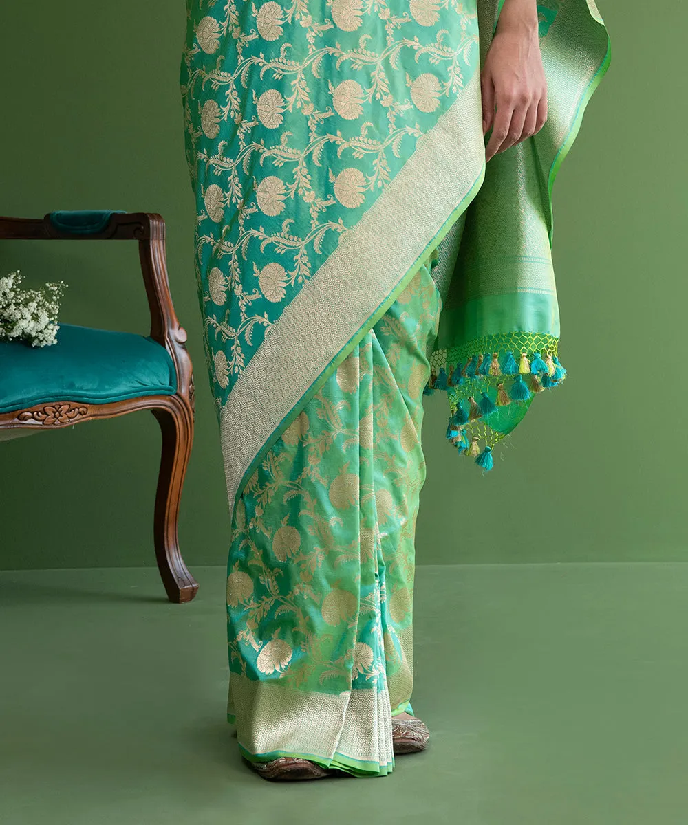 Handloom Aqua Green Pure Katan Silk Banarasi Saree with Cutwork Floral Jaal