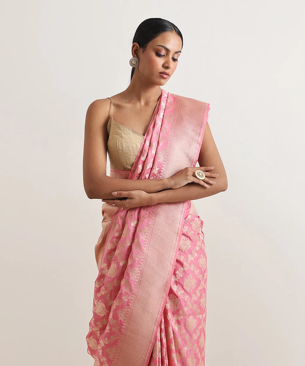 Handloom Blush Pink Pure Katan Silk Banarasi Saree With Cutwork Jaal