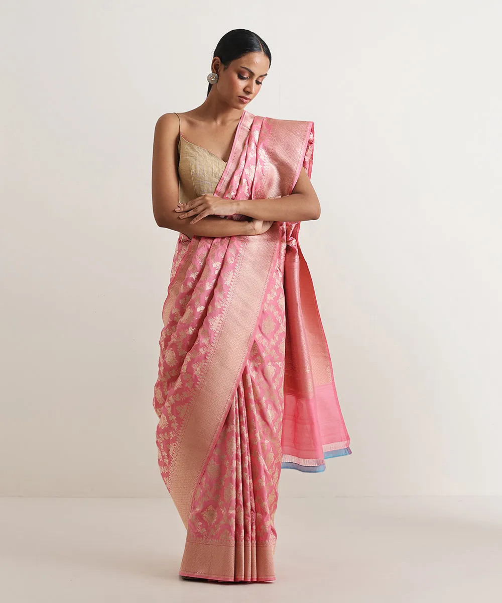 Handloom Blush Pink Pure Katan Silk Banarasi Saree With Cutwork Jaal