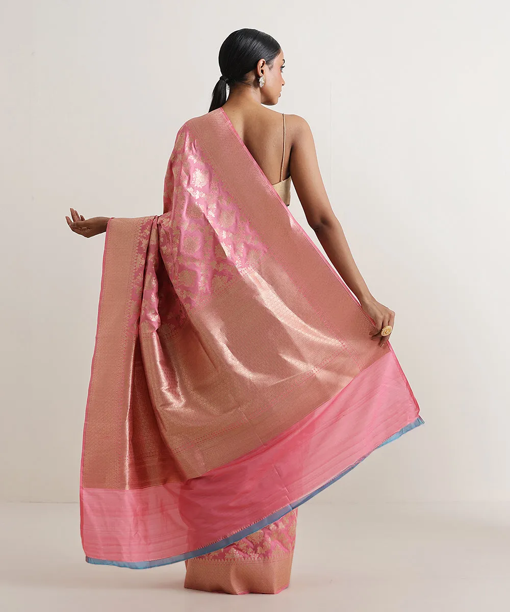 Handloom Blush Pink Pure Katan Silk Banarasi Saree With Cutwork Jaal