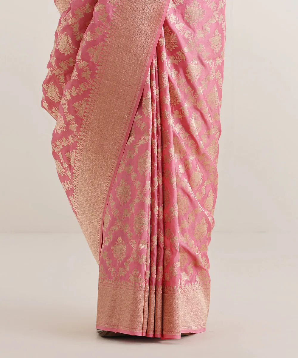 Handloom Blush Pink Pure Katan Silk Banarasi Saree With Cutwork Jaal