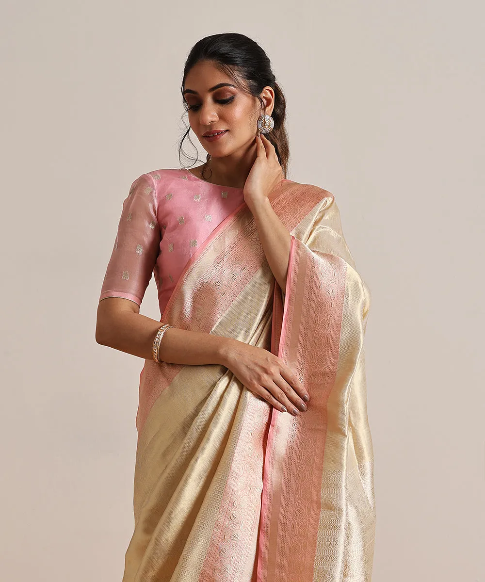 Handloom Gold Pure Katan Silk Tanchoi Banarasi Saree With Kadhwa Dust Peach Border