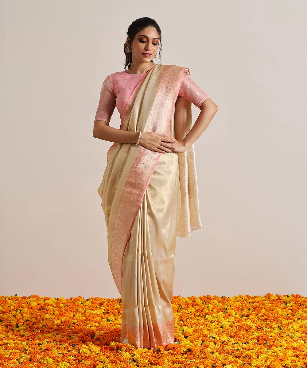 Handloom Gold Pure Katan Silk Tanchoi Banarasi Saree With Kadhwa Dust Peach Border