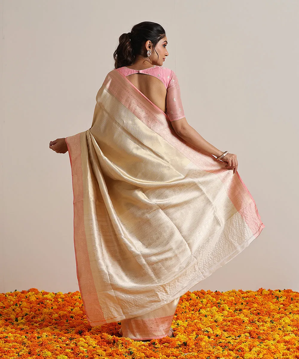 Handloom Gold Pure Katan Silk Tanchoi Banarasi Saree With Kadhwa Dust Peach Border