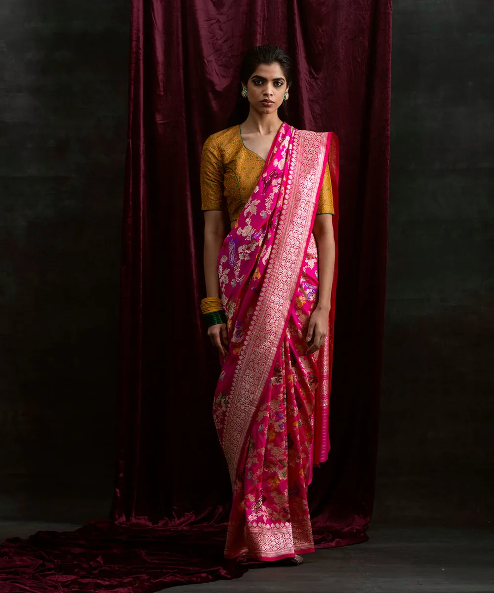 Handloom Hot Pink Shikargah Pure Katan Silk Banarasi Saree With Meenakari