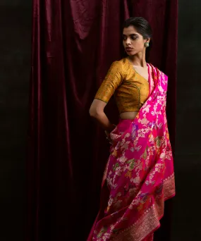 Handloom Hot Pink Shikargah Pure Katan Silk Banarasi Saree With Meenakari