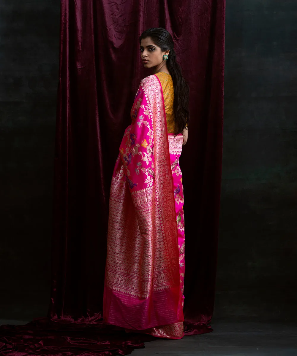 Handloom Hot Pink Shikargah Pure Katan Silk Banarasi Saree With Meenakari