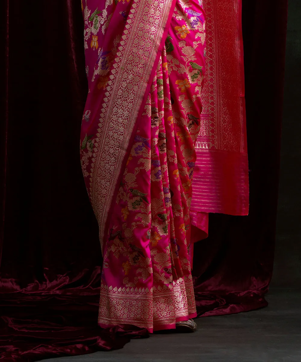 Handloom Hot Pink Shikargah Pure Katan Silk Banarasi Saree With Meenakari