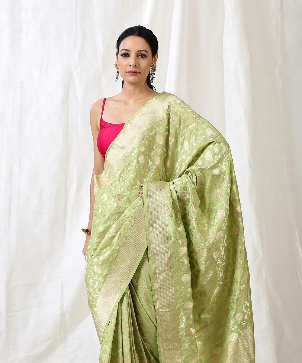 Handloom Light Green Pure Katan Silk Saree with Cutwork Jaal