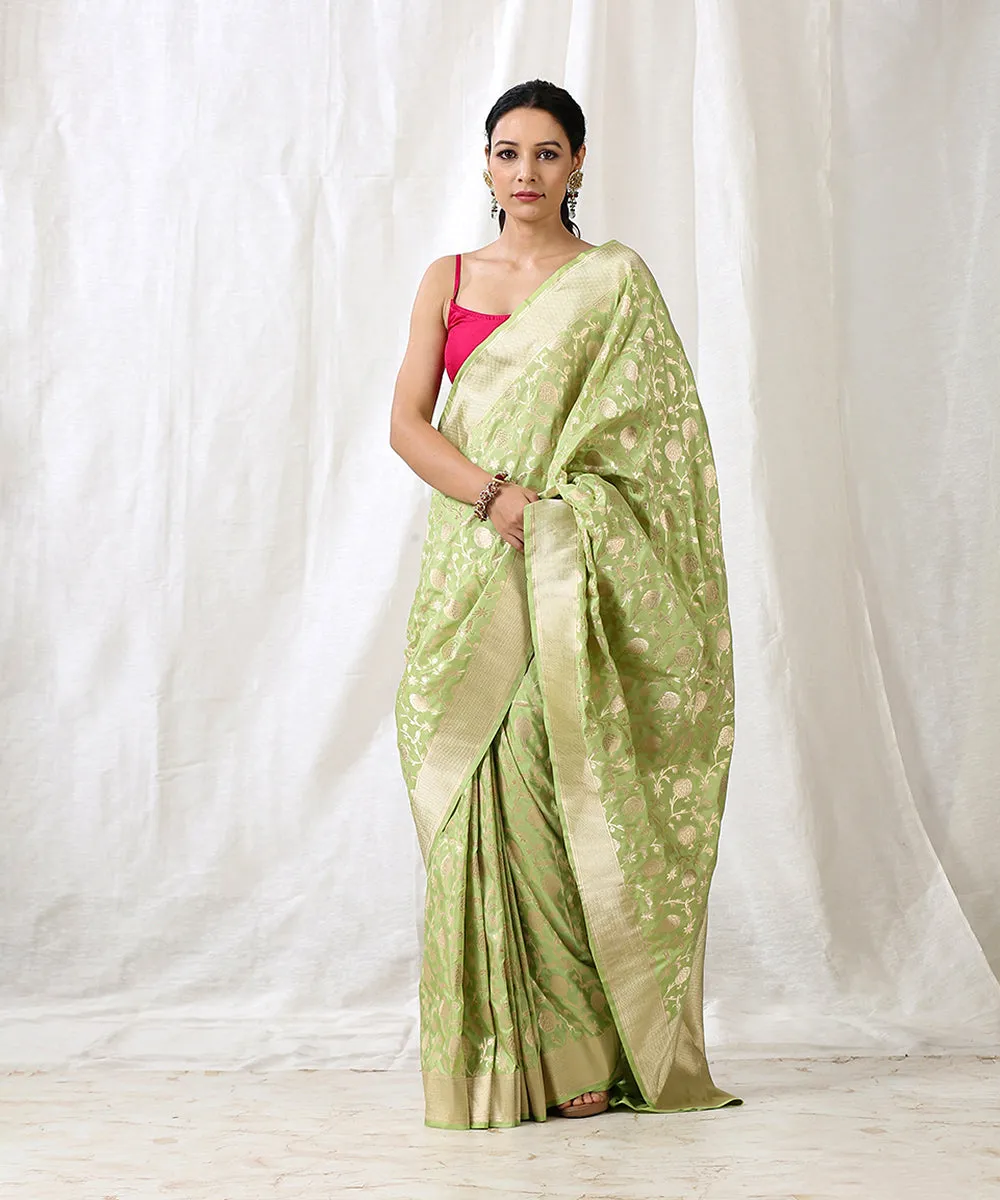 Handloom Light Green Pure Katan Silk Saree with Cutwork Jaal