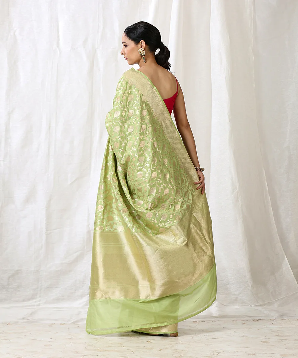 Handloom Light Green Pure Katan Silk Saree with Cutwork Jaal