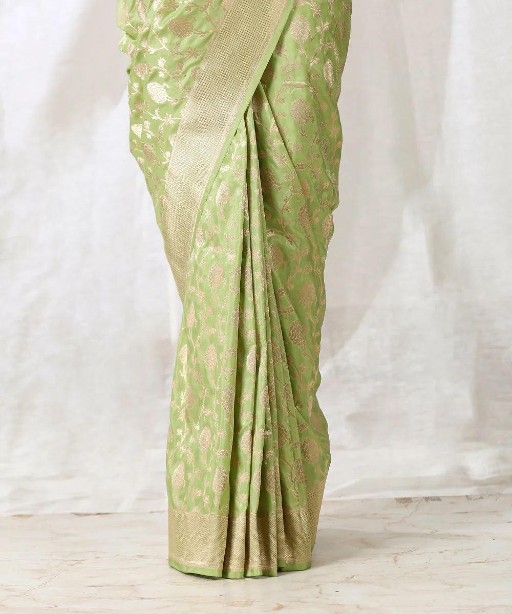 Handloom Light Green Pure Katan Silk Saree with Cutwork Jaal