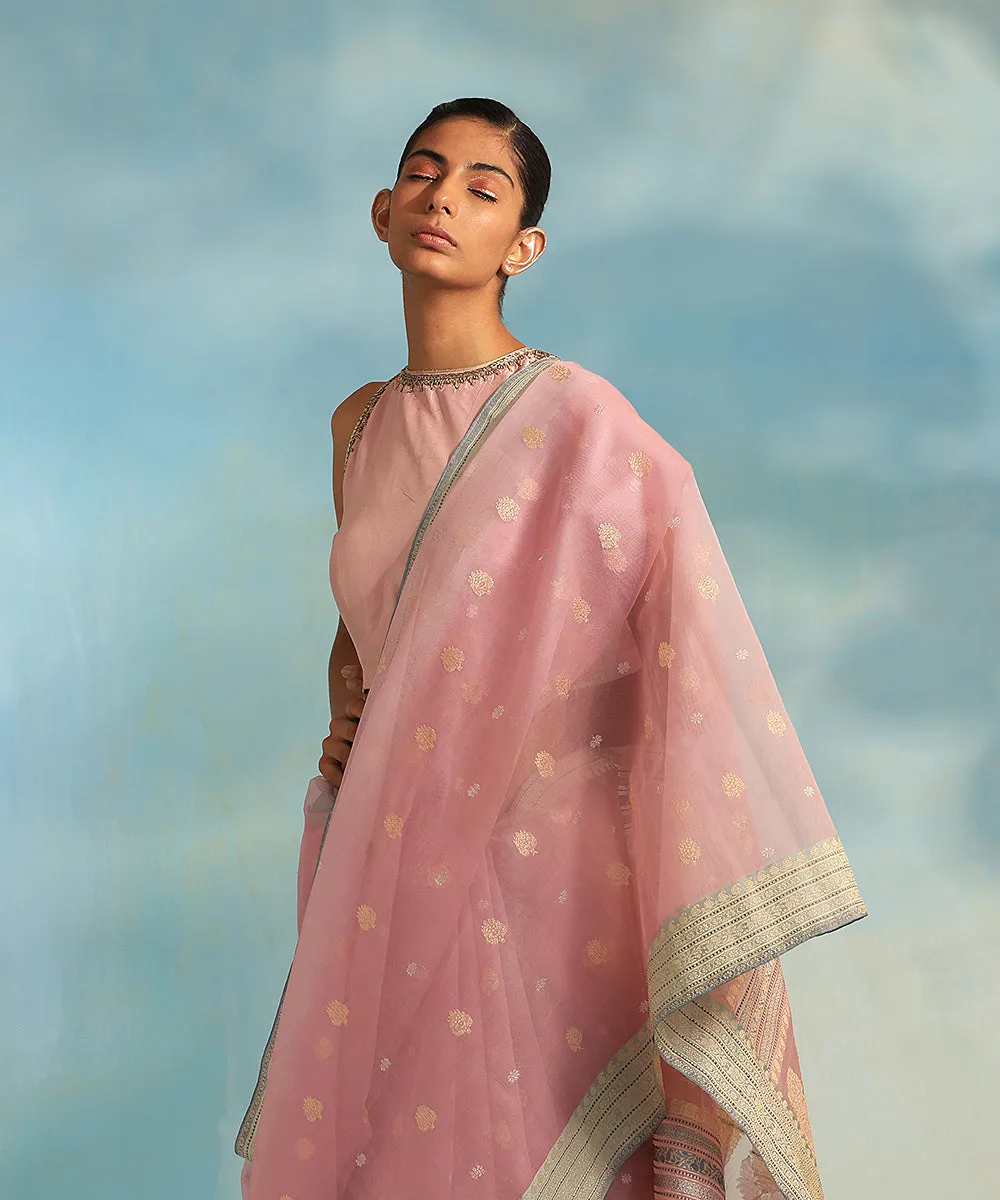 Handloom Light Pink Pure Kora Silk Banarasi Saree With Kadhwa Booti And Border