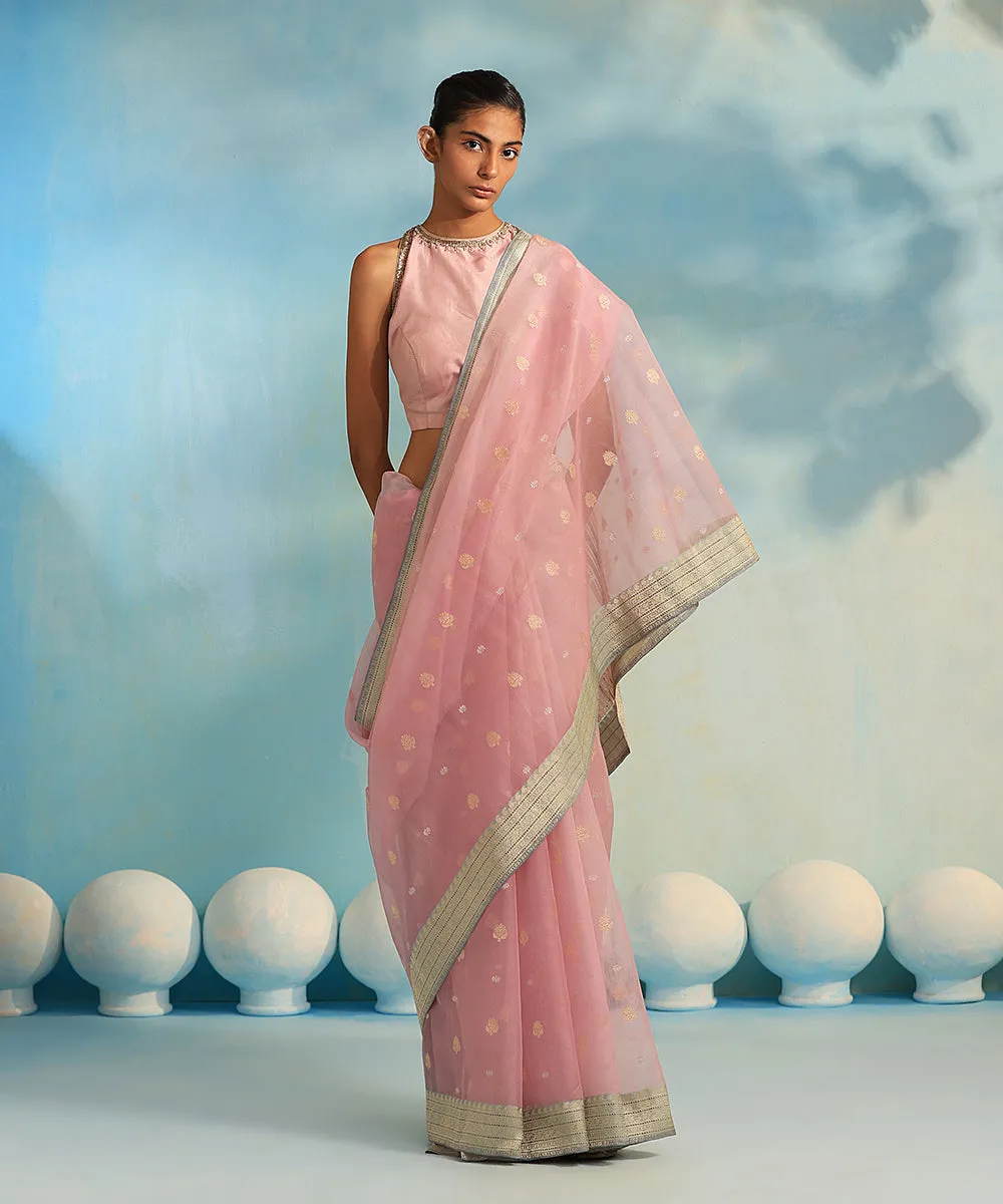 Handloom Light Pink Pure Kora Silk Banarasi Saree With Kadhwa Booti And Border