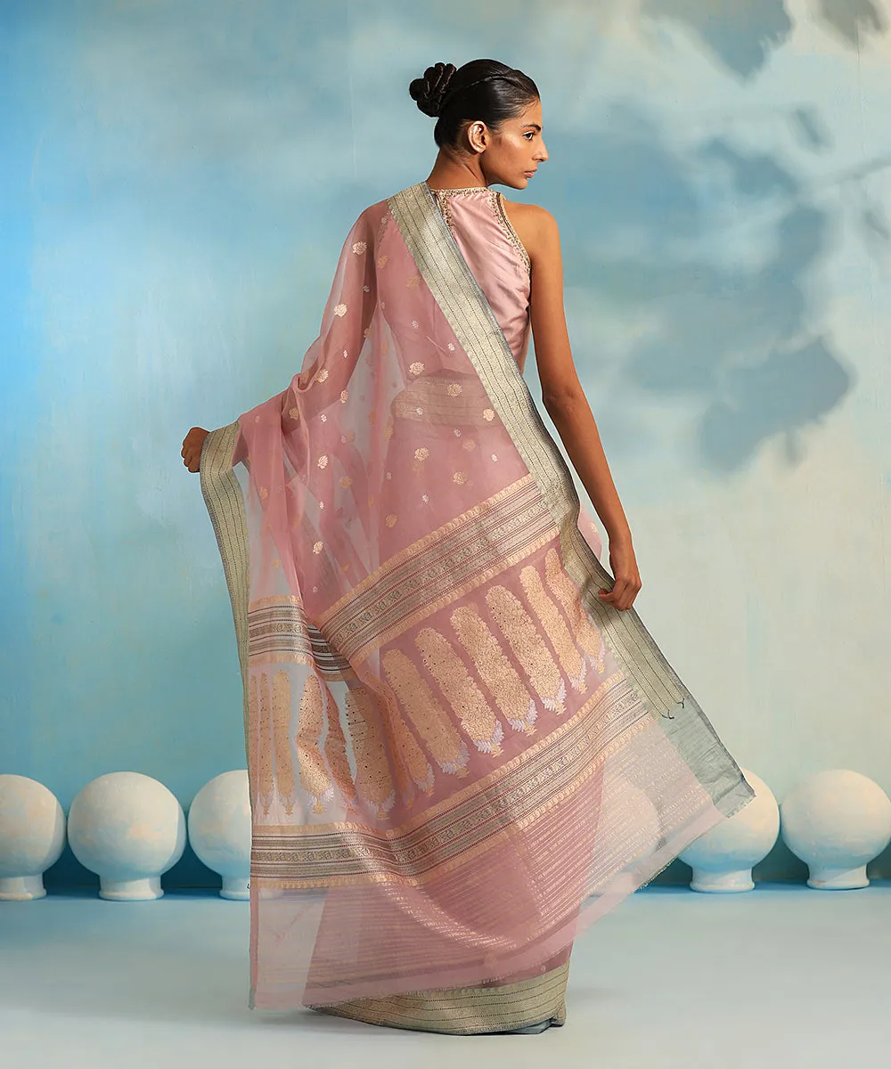 Handloom Light Pink Pure Kora Silk Banarasi Saree With Kadhwa Booti And Border