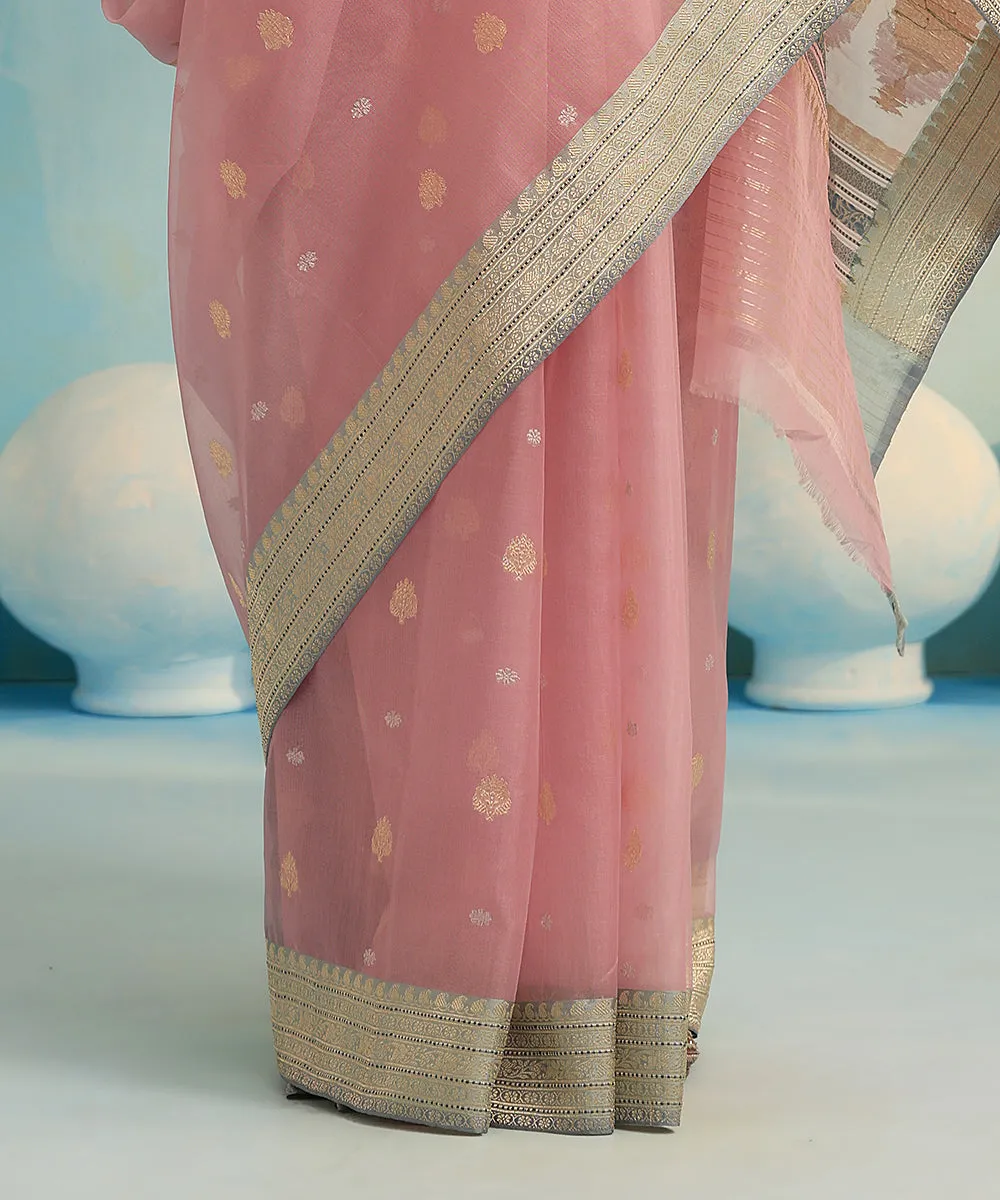 Handloom Light Pink Pure Kora Silk Banarasi Saree With Kadhwa Booti And Border