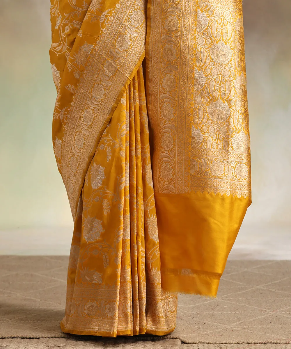 Handloom Mustard Pure Katan Silk Banarasi Saree With Sona Rupa Cutwork Jaal