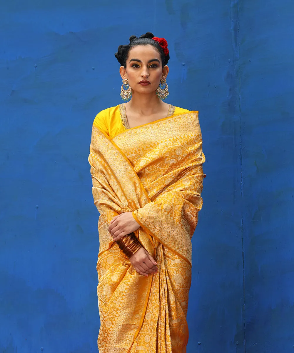 Handloom Mustard Pure Katan Silk Shikargah Banarasi Saree