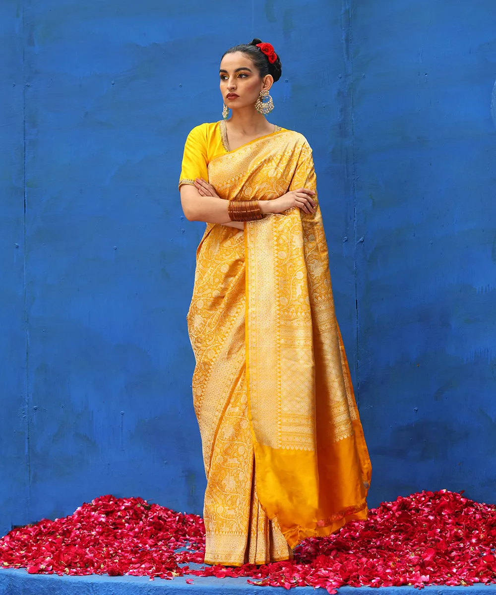 Handloom Mustard Pure Katan Silk Shikargah Banarasi Saree