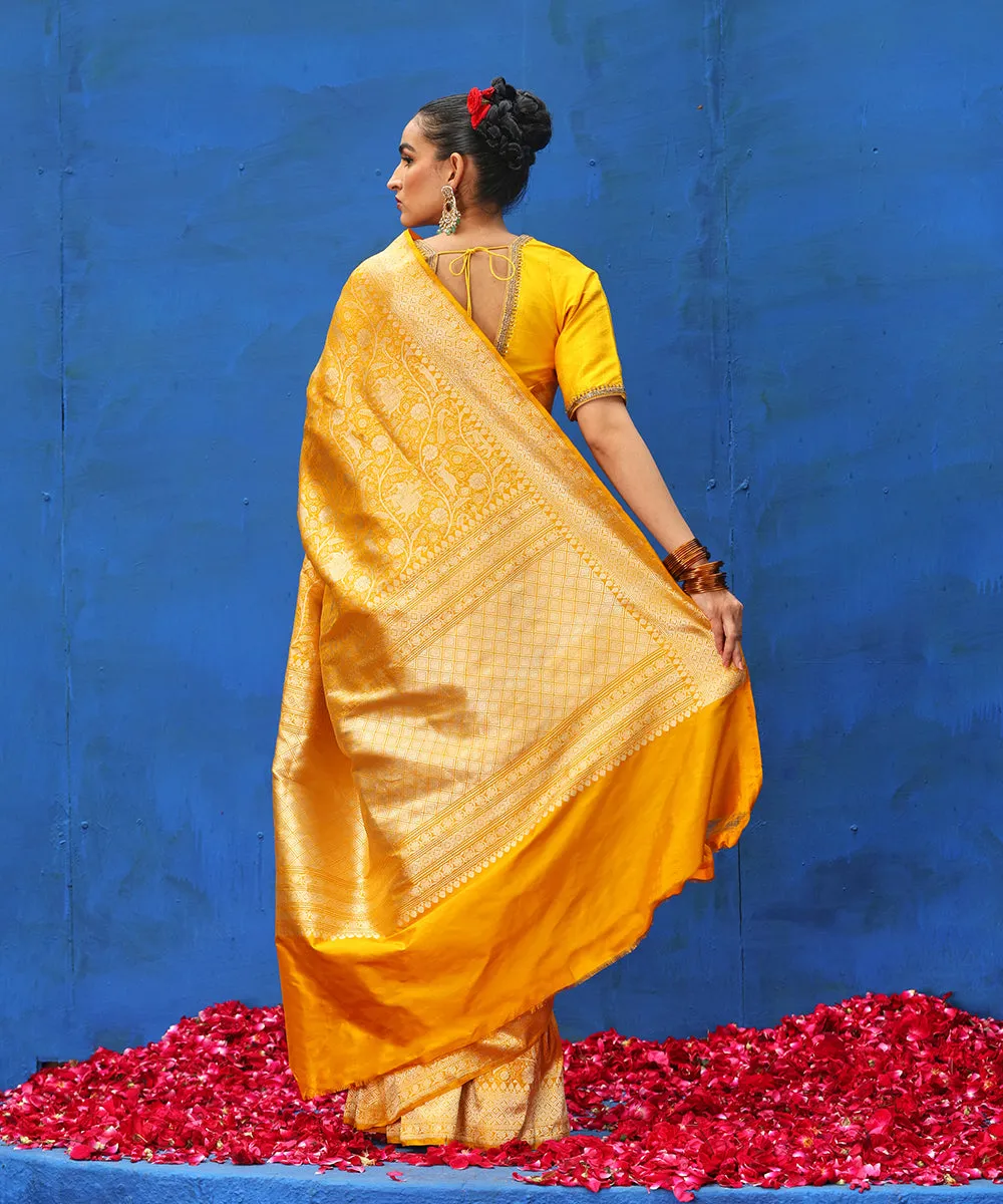 Handloom Mustard Pure Katan Silk Shikargah Banarasi Saree